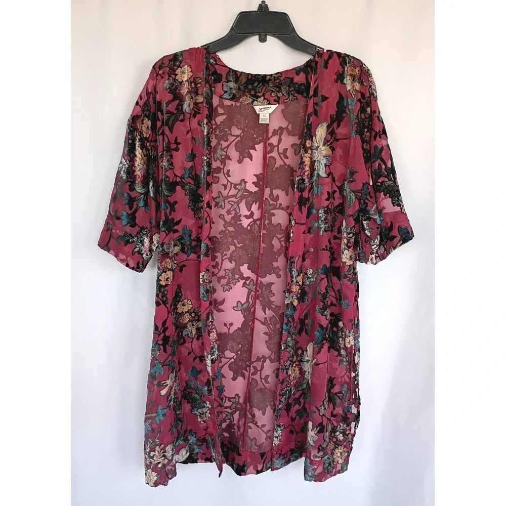 Arizona Jean Co Women Burnout Velvet Floral Open Front Kimono Burgundy Black M/L - Picture 1 of 8